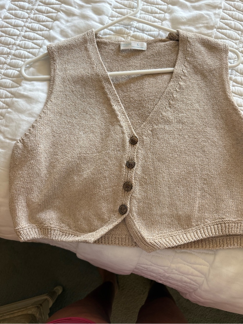 Beige V-Neck Button-Front Knit Sweater Vest